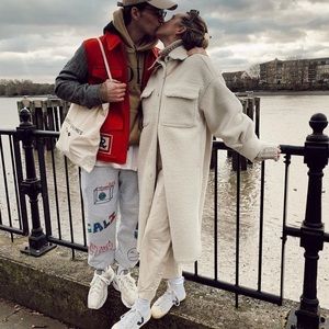 H&M Faux Shearling Shirt Jacket Coat Beige